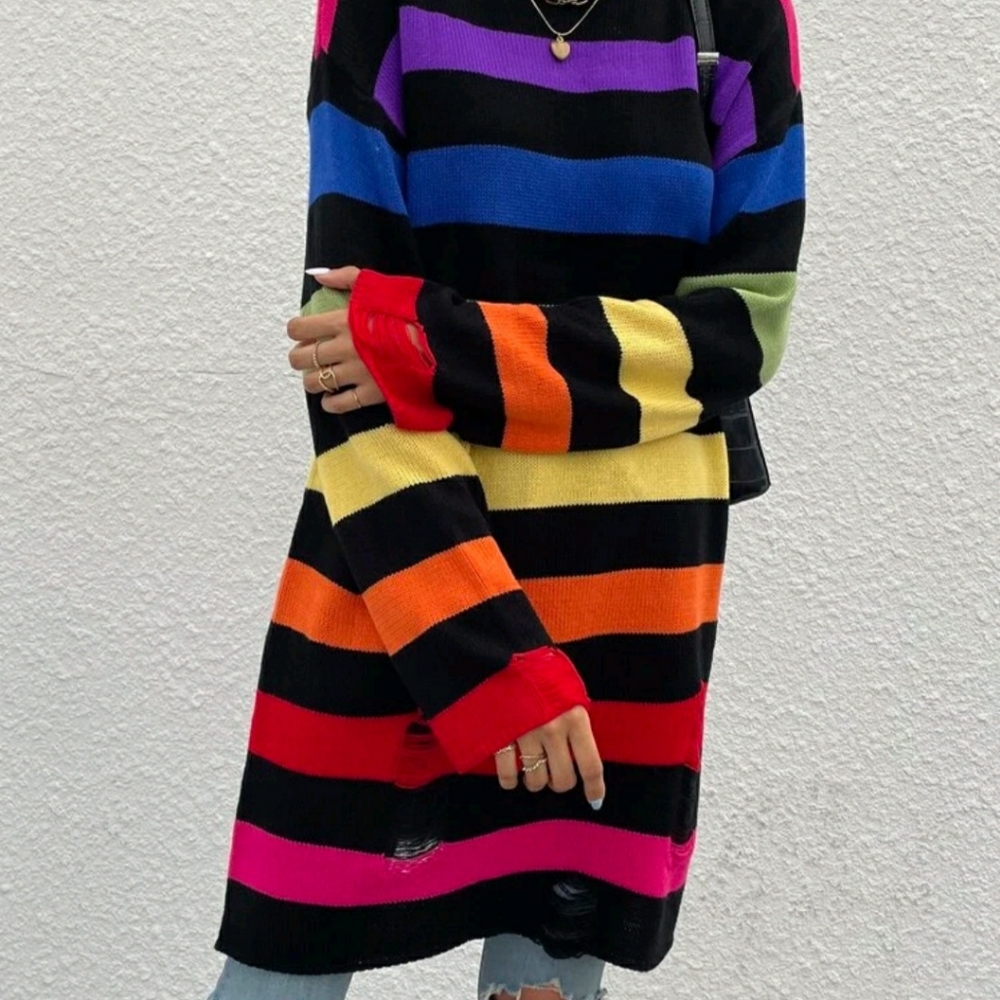 Drop Shoulder Rainbow Striped Pattern Sweater Dress - Picture 6 of 11